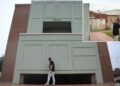 Indiana 30 foot cabinet honors cabinet outside Hoosier Manufacturing Co.