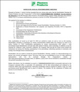 Planters Products, Inc. to hold Annual Stockholders’ Meeting on Oct. 20