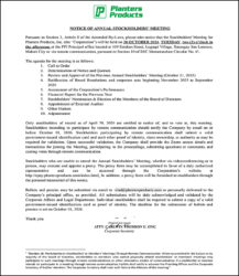 Planters Products, Inc. to hold Annual Stockholders’ Meeting on Oct. 20