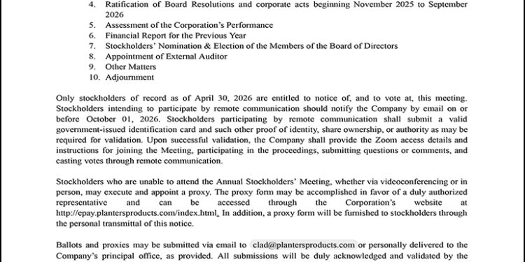 Planters Products, Inc. to hold Annual Stockholders’ Meeting on Oct. 20